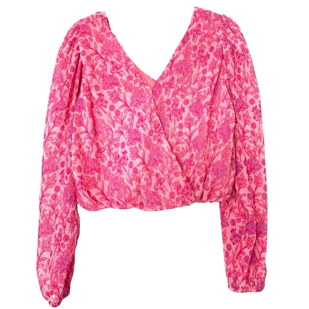 Pink Floral Faux Wrap Smocked Puff Sleeve Crop Blouse Small